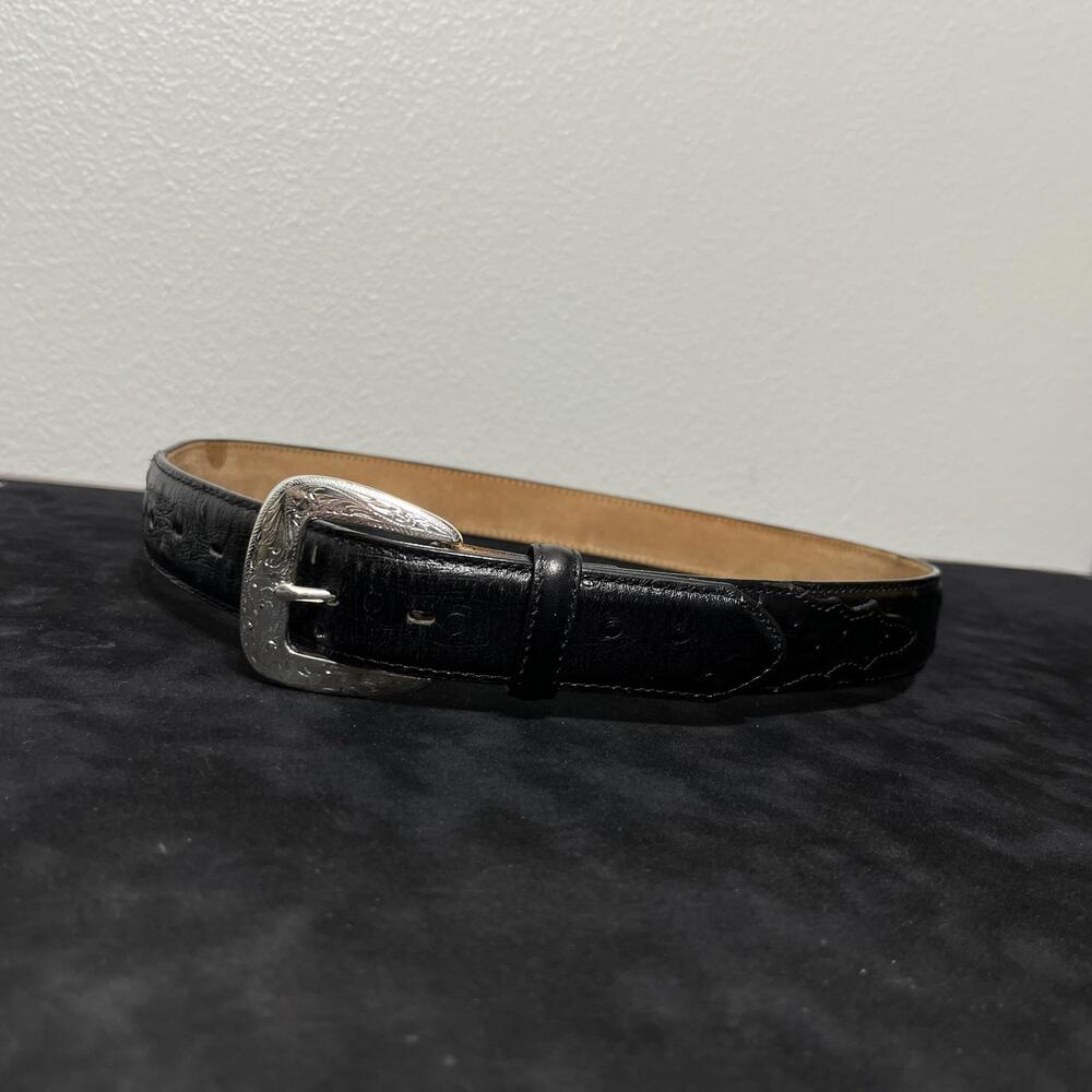 Tony Lama Ostrich Belt Mens 36 Black Leather Western Silver Buckle Cowboy USA